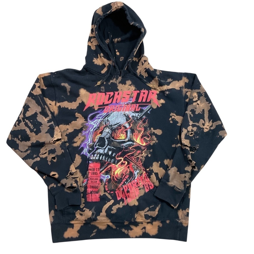 Rockstar Original Bleach Skull Hoodie sz Large Heavily Distressed Flame Graphic